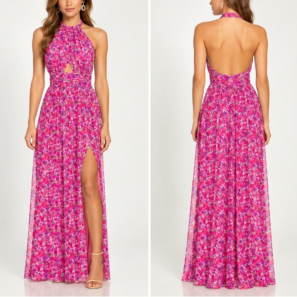 Lovers and Friends Hazel Gown Maxi Dress L Pink Liliana Floral Halter Cutout